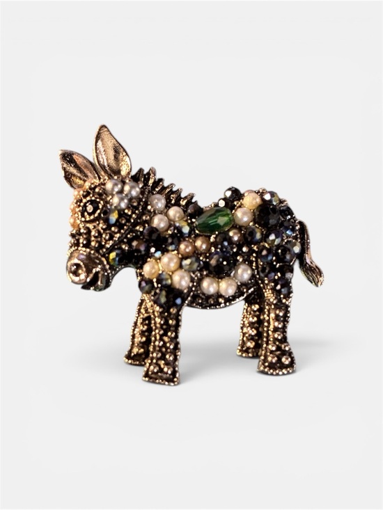 Jewelry - Beaded Donkey Brooch with Pearl and Black Crystal Accents